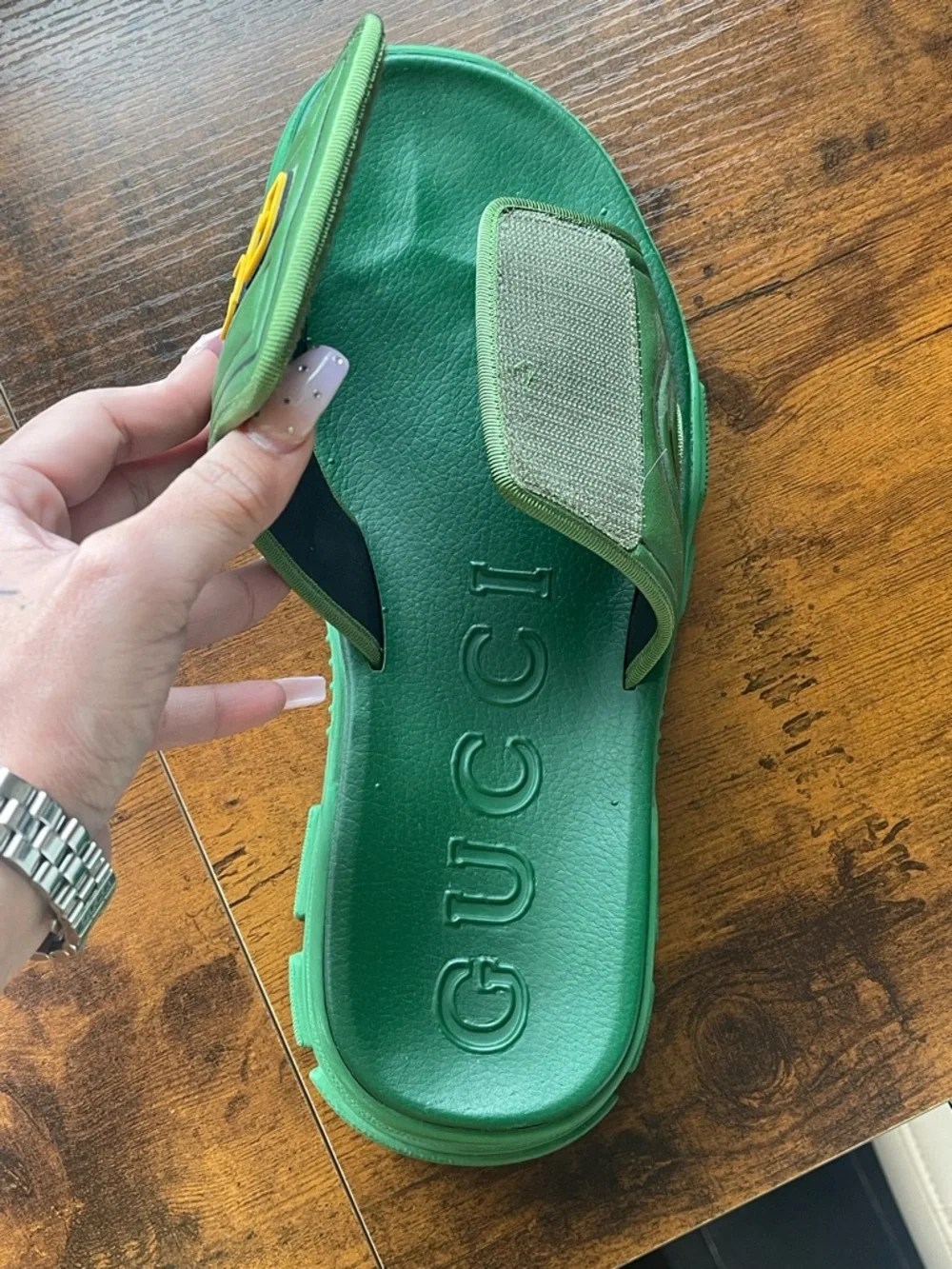 Gucci Green Slide Sandals with Yellow Logo Accent - Picture 3 of 10